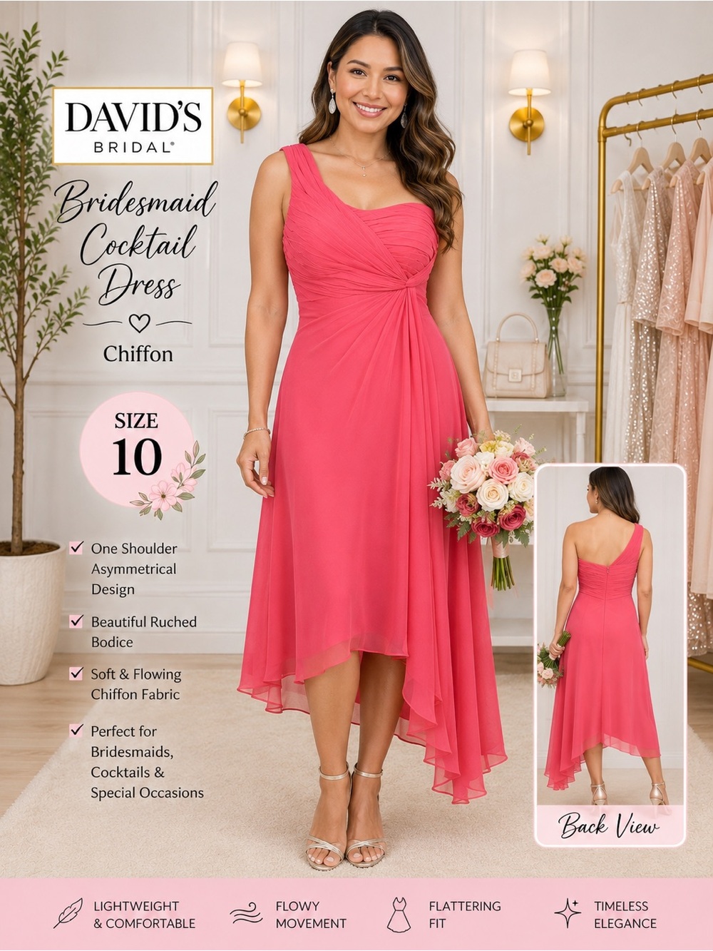 David's Bridal One-Shoulder Chiffon Dress in Coral Pink